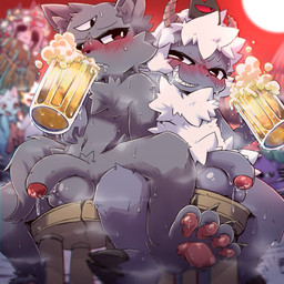 3_eyes alcohol anthro anthro_on_anthro balls beer beverage biped blush bodily_fluids claws foreskin fur genital_fluids genitals glans horn humanoid_genitalia humanoid_penis interspecies male male/male multi_eye pawpads penis precum sharp_teeth smile teeth borushi cult_of_the_lamb massive_monster_(studio) lamb_(cult_of_the_lamb) narinder red_crown_(cult_of_the_lamb) bovid caprine felid feline mammal sheep 1:1