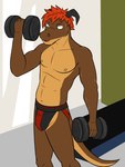 3:4 anthro athletic bodily_fluids bulge clothed clothing dragon dumbbell european_mythology exercise fuze hi_res jockstrap jockstrap_only magma_(fuze) male mythological_creature mythological_scalie mythology navel nipples scalie solo sweat topless underwear underwear_only weightlifting weights western_dragon workout