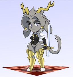 anthro blue_eyes chibi ears_down eyebrows eyelashes female fur grey_body grey_fur grey_hair hair horn looking_at_viewer melee_weapon open_mouth pivoted_ears solo sword tail teeth teeth_showing weapon chisheq pseudoregalia sybil_(pseudoregalia) hi_res