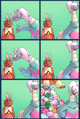 anthro bandage butt butt_from_the_front duo easter_egg egg excessive_oviposition facepalm fake_ears fake_rabbit_ears feathers female holidays oviposition red_body red_feathers potoobrigham easter nintendo pokemon juniper_(potoobrigham) kiwi_(potoobrigham) blaziken generation_3_pokemon generation_6_pokemon goodra pokemon_(species) comic hi_res