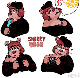anthro bangs beret blep bodily_fluids camera clothing fangs female food freckles hat headgear headwear heat_(temperature) popsicle simple_background solo sweat teeth tongue tongue_out white_background blarf022 sherry_bear_(blarf022) bear mammal 2022 absurd_res hi_res