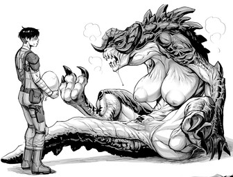 anthro areola big_breasts breasts claws clothed clothed_male clothing duo egg erection erection_under_clothing female fully_clothed fully_clothed_male genitals horn huge_breasts male navel nipples nude nude_female oviposition presenting presenting_vulva sagging_breasts sharp_teeth spikes spikes_(anatomy) spread_legs spreading tail teeth vein veiny_breasts vulva double_deck fallout microsoft deathclaw human mammal scalie censored monochrome