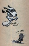 anthro balls big_balls body_hair duo eyewear flying fur genitals goggles hairy_balls male scarf simple_background text white_body white_fur astronautilus peanuts_(comic) beagle canid canine canis domestic_dog human hunting_dog mammal scent_hound 2007 english_text monochrome traditional_media_(artwork)