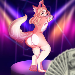 anthro backsack balls barely_visible_genitalia barely_visible_penis blonde_hair butt feet femboy genitals hair long_hair looking_at_viewer looking_back male money nude pawpads penis pole solo stripper_pole soukuniki canid canine canis mammal wolf