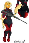 anthro armor big_butt blonde_hair braided_hair breasts butt clothed clothing female fully_clothed green_eyes gun hair holding_gun holding_object holding_ranged_weapon holding_rifle holding_weapon legs_together machine power_armor ranged_weapon rifle solo tight_clothing weapon lazulito friendship_is_magic hasbro my_little_pony 00284_(character) equid equine horse mammal pony 2:3 absurd_res hi_res