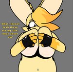 anthro belly breast_play breasts brown_eyes clothing crossgender dialogue female fluffy fur gloves hand_under_breast handwear latex latex_clothing latex_gloves latex_handwear nipples simple_background solo text yellow_body yellow_fur averyfunnyrabbitlol scratch_quickhop_mayhem_(averyfunnyrabbitlol) lagomorph leporid mammal rabbit digital_media_(artwork) english_text hi_res