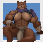 abs anthro areola arm_wraps armor barazoku biceps big_bulge big_muscles blue_background bodily_fluids border bulge claws clothed clothing eyes_closed front_view frown fur huge_bulge huge_muscles kerchief male muscular muscular_anthro muscular_male neckerchief neckwear nipples pauldron pecs scar simple_background sitting solo straps sweat thick_arms thick_thighs topless topless_anthro topless_male tuft underwear white_border wraps fleshformomo epic_games fortnite hajime_(fortnite) canid canine mammal raccoon_dog tanuki 2025 hi_res