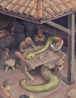 anthro anvil apode being_watched blacksmith blacksmith_hammer blacksmithing clothed clothing female forked_tongue furgonomics green_body green_scales group inside legless looking_at_another male measuring scales serpentine tape_measure toga tongue tongue_out trio lordgood draconcopode human mammal naga reptile scalie snake absurd_res hi_res