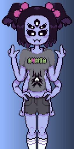 6_arms bottomwear clothing female footwear gesture hand_gesture multi_arm multi_limb purple_body ribbons shirt shorts smile smiling_at_viewer socks solo t-shirt topwear v_sign hantanyaw44 undertale undertale_(series) muffet arachnid arthropod humanoid spider absurd_res digital_media_(artwork) hi_res pixel_(artwork)