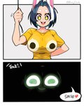 big_breasts black_eyes black_hair black_text breasts buckteeth clothing collarbone dark dialogue emoji eyebrows female glistening glistening_breasts glistening_clothing glowing glowing_clothing hair heart_after_text highlights_(coloring) humor light light_body light_skin onomatopoeia open_mouth open_smile pink_inner_ear pullcord rabbit_ears shirt smile smiling_at_viewer solo sound_effects star_eyes t-shirt teeth text topwear two_panel_image white_ears white_eyebrows white_highlights white_text yellow_clothing yellow_shirt yellow_star yellow_t-shirt yellow_topwear bongftah bulging_smiley_shirt_meme meme_clothing kuri_(bongftah) animal_humanoid humanoid lagomorph lagomorph_humanoid leporid leporid_humanoid mammal mammal_humanoid rabbit rabbit_humanoid 2025 absurd_res artist_name colored comic english_description english_text half-length_portrait hi_res meme portrait