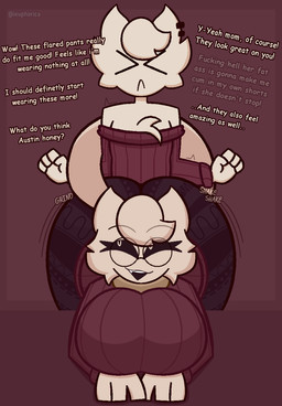 anthro bent_over big_breasts breasts butt chest_tuft clothing dialogue duo ear_piercing eyewear female flared_pants glasses male pattern_clothing piercing presenting presenting_hindquarters size_difference sweater text topwear tuft euphorica forbidden_pants austin_(euphorica) sophie_(euphorica) felid mammal aliasing binary_drawing digital_drawing_(artwork) digital_media_(artwork) english_text hi_res incest_(lore) mother_(lore) mother_and_child_(lore) mother_and_son_(lore) parent_(lore) parent_and_child_(lore) parent_and_son_(lore) son_(lore)