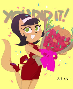 accessory anthro black_hair blush bouquet celebration clothing confetti dress female flower flower_bouquet footwear fur green_eyes hair hair_accessory hairband happy high_heels holding_bouquet holding_flower holding_object mary_janes open_mouth open_smile plant red_clothing red_dress red_footwear red_high_heels rose_(flower) shoes simple_background smile solo tan_body tan_fur text yellow_background dbaru nickelodeon t.u.f.f._puppy kitty_katswell domestic_cat felid feline felis mammal 2026 dated english_text
