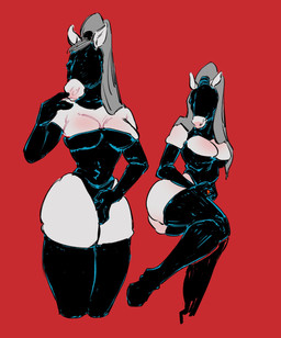 anthro arms_bent armwear bare_shoulders big_breasts big_butt biped black_armwear black_clothing black_elbow_gloves black_gimp_mask black_gloves black_handwear black_legwear black_leotard black_mask black_thigh_highs breast_squish breasts butt clothed clothed_anthro clothed_female clothing dominatrix elbow_gloves female fingers fur gimp_mask gloves grey_hair hair handwear head_turned humanoid_hands legs_together legwear leotard light_body light_fur light_hair long_hair lying mask monotone_background monotone_hair multicolored_body multicolored_fur multiple_poses on_side pink_body pink_fur ponytail pose red_background simple_background skimpy snout solo squish standing thick_thighs thigh_highs three-quarter_view two_tone_body two_tone_fur white_body white_fur white_inner_ear wide_hipped_anthro wide_hipped_female wide_hips sori0414 equid equine horse mammal 2025 digital_drawing_(artwork) digital_media_(artwork) hi_res
