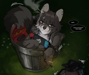 5_fingers anthro biped bra cigarette claws clothed clothed_anthro clothed_female clothing dialogue female finger_claws fingers front_view fur grey_body grey_fur grey_hair grey_tail hair holding_cigarette holding_object looking_at_viewer smile solo speech_bubble tail text trash_can underwear raccoattack nintendo nintendo_switch racc_(raccoattack) mammal procyonid raccoon 2025 digital_media_(artwork) english_text hi_res