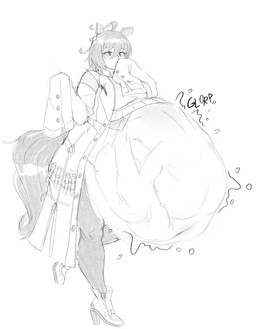 abdominal_bulge ambiguous_gender ambiguous_prey animal_ears belly big_belly clothing coat cowlick exposed_belly eyelashes female female_pred glorp hair horse_ears huge_belly humanoid_pred hyper hyper_belly lab_coat leggings legwear long_sleeves navel onomatopoeia overweight overweight_female overweight_humanoid prey_outline rumbling_stomach solo sound_effects tail text topwear vore walking dotil cygames uma_musume_pretty_derby agnes_tachyon_(pretty_derby) animal_humanoid equid equid_humanoid equine equine_humanoid horse_humanoid humanoid mammal mammal_humanoid 2026 absurd_res digital_drawing_(artwork) digital_media_(artwork) full-length_portrait hi_res monochrome portrait