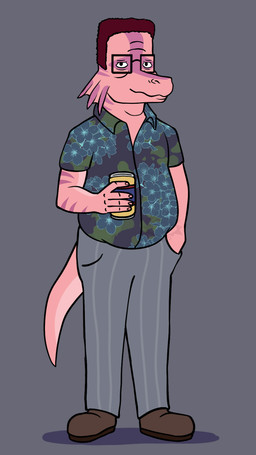 anthro beverage beverage_can bottomwear brown_hair clothing cosplay eyewear fingers footwear frill_(anatomy) front_view glasses grey_background grey_bottomwear grey_clothing grey_pants hair hand_in_pocket holding_beverage holding_object humanoid_hands looking_at_viewer male overweight overweight_anthro overweight_male pants pink_body pockets pose purple_body rectangular_glasses shadow shoes short_hair simple_background smile solo standing tail text bookbin cavemanon_studios i_wani_hug_that_gator king_of_the_hill hank_hill randy_payne dilophosaurid dilophosaurus dinosaur prehistoric_species reptile saurischian scalie theropod 9:16 artist_name colored crossover full-length_portrait hi_res portrait shaded watermark