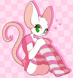 3_fingers :3 anthro bare_shoulders biped black_nose bottomless butt checkered checkered_background clothed clothing eyelashes female fingers footwear fur green_eyes heart_symbol holding_leg legwear long_tail looking_aside looking_away off_shoulder pattern_background pattern_clothing pattern_footwear pattern_legwear pattern_socks pink_background pink_clothing pink_tail rat_tail shadow shirt simple_background sitting smile socks solo striped_clothing striped_footwear striped_legwear striped_socks stripes tail thigh_highs thigh_socks toony topwear white_body white_fur whygena reggie_(whygena) mammal mouse murid murine rodent 2017 absurd_res digital_drawing_(artwork) digital_media_(artwork) full-length_portrait hi_res pink_theme portrait