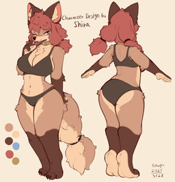 anthro barefoot biped brown_body brown_fur brown_tail clothing collar color_swatch feet female fur gloves_(marking) hair inner_ear_fluff leg_markings markings navel red_hair simple_background socks_(marking) solo standing tail tan_background text tuft conditional_dnp tohupo canid canine mammal 2025 digital_drawing_(artwork) digital_media_(artwork) english_text hi_res model_sheet