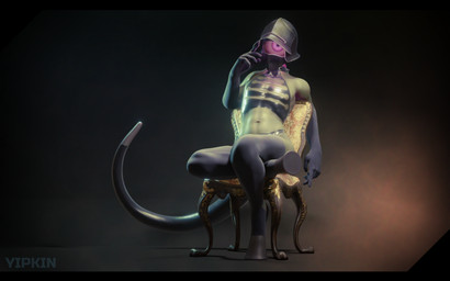 1_eye abstract_art abstract_background ambiguous_gender anthro armor chair crossed_legs faceless_character furniture green_body green_skin harness headgear headless helmet leather leather_harness long_tail looking_at_viewer on_chair purple_eyes seductive simple_background sitting sitting_on_chair solo tail yipkin demon humanoid unknown_species 16:10 3d_(artwork) absurd_res digital_media_(artwork) hi_res widescreen