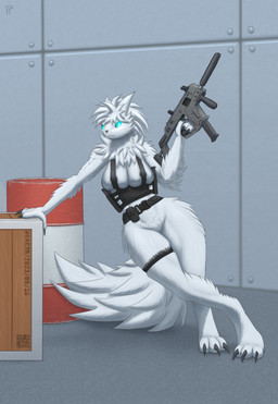 anthro areola belt big_breasts bottomless breast_squish breasts clothed clothing female genitals glowing glowing_eyes gun inside kriss_vector leaning_on_object qr_code ranged_weapon skimpy solo squish submachine_gun thick_thighs thigh_strap topwear vest vulva weapon testowepiwko gunsaw scav_prototype gunsawian milky_(gunsaw) hi_res