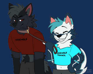 anthro athletic belly belly_tuft black_body black_fur black_fur_markings black_nose blue_body blue_fur blue_hair bottomwear claws clothed clothing collar crop_top duo fluffy fluffy_tail fur fur_markings grey_body grey_fur hair inner_ear_fluff leash leash_pull leashed_collar looking_at_another male male/male markings multicolored_body multicolored_fur muscular muscular_anthro muscular_male navel neck_tuft pants red_eyes shirt simple_background size_difference smile smirk smirking_at_another smirking_dom tail teeth text text_on_clothing text_on_topwear topwear translucent transparent_background tuft two_tone_body white_body buttermilk_mutt mintyambitions mythology freki_(kuro_boi) geri_(kuro_boi) canid canine canis mammal mythological_canine mythological_creature werecanid werecanine werecreature werewolf wolf absurd_res alpha_channel digital_media_(artwork) hi_res