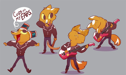 4_fingers anthro boots bottomwear clothed clothing container cup cup_on_ear denim denim_bottomwear denim_clothing dialogue electric_guitar eyes_closed fangs fingers footwear fully_clothed fur grey_background guitar holding_musical_instrument holding_object jacket jeans leather leather_clothing leather_jacket leather_topwear looking_aside looking_away looking_up male musical_instrument open_mouth open_smile orange_body orange_fur pants pickaxe plucked_string_instrument shoes simple_background smile solo speech_bubble standing string_instrument teeth text topwear wiping_face yellow_sclera kressent_rhodes night_in_the_woods gregg_lee canid canine fox mammal 2017 english_text hi_res multiple_images multiple_scenes