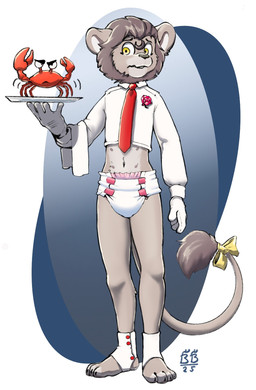 accessory anthro bow_ribbon clothed clothing diaper furgonomics gloves handwear male multi_nipple necktie nipples pantsless red_necktie ribbons simple_background solo tail tail_accessory tail_bow tail_ribbon towel_on_arm waiter waiter_suit waiter_tray yellow_eyes bedtime_buck arthropod crab crustacean decapod felid lion malacostracan mammal pantherine hi_res