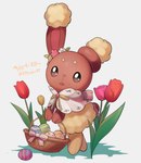 ambiguous_gender basket brown_body brown_eyes brown_fur clothing container easter_egg egg flower fur holidays plant simple_background solo tulip_(flower) yellow_body yellow_fur yukifuri_tsuyu easter nintendo pokemon buneary generation_4_pokemon lagomorph mammal pokemon_(species) hi_res