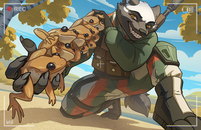 ambiguous_gender anthro armor black_body black_eyes black_fur body_armor boots bottomwear brown_body camera_view camo camo_bottomwear camo_clothing camo_pants camo_print carrying_another claws clothed clothing crouching day feral fingerpads footwear fur group gun gun_on_back holding_animal knee_pads low-angle_view male outside pants pattern_bottomwear pattern_clothing pattern_pants pawpads plant ranged_weapon rifle river sharp_teeth shoes short_tail smile tail teeth toothy_grin tree weapon white_body white_fur yellow_eyes katewhb project_silverfish amphibian badger frog honey_badger mammal mustelid musteline 2025 signature