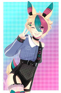 accessory exposed_shoulder gesture hair hair_accessory hair_over_eye hairclip hand_gesture highlights_(coloring) male navel one_eye_closed solo tongue tongue_out v_sign wink yumemin animal_humanoid humanoid lagomorph lagomorph_humanoid leporid_humanoid mammal mammal_humanoid rabbit_humanoid