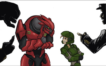 angry brown_eyes brown_hair clenched_teeth crossed_arms eye_contact female frown full_armor gesture grey_body group hair hand_gesture larger_humanoid larger_male looking_at_another male mandibles marines pointing pupils scowl size_difference slit_pupils smaller_female smaller_human standing teeth yellow_eyes cugu00 halo_(series) microsoft xbox_game_studios alien human humanoid mammal sangheili colored hi_res