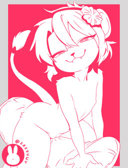 accessory anthro female flat_chested flower flower_in_hair fur genitals hair hair_accessory heart_eyes heart_symbol looking_at_viewer nude pillow plant solo tail tail_tuft teeth tuft vulva young young_anthro young_female zazyuwu keiko_sakmat felid lion mammal pantherine absurd_res hi_res