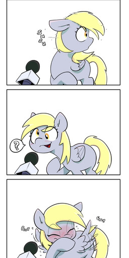 blonde_hair blush blush_lines confusion derp_eyes electronics eyelashes female feral flustered grey_body hair microphone question_mark simple_background solo tail white_background wings yellow_eyes yellow_tail shoutingisfun friendship_is_magic hasbro my_little_pony mythology derpy_hooves_(mlp) equid equine horse mammal mythological_creature mythological_equine pegasus pony comic hi_res