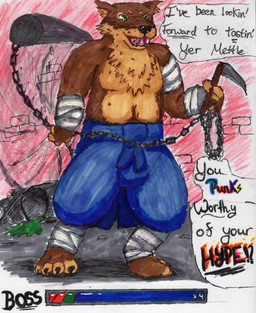 ankle_wraps anthro barefoot clothed clothing feet flail gameplay_mechanics gui health_bar male male_anthro melee_weapon topless topless_anthro topless_male weapon burgundy_wolf burgundy_wolf_(character) canid canine canis mammal wolf hi_res traditional_media_(artwork)
