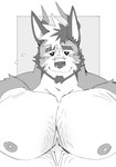 2_horns anthro beard big_pecs border chest_markings eyebrow_scar eyebrow_slit eyebrows facial_hair facial_scar hair horn looking_at_viewer male markings multicolored_hair muscular muscular_anthro muscular_male nipples pecs scar smile snout snout_scar solo two_tone_hair white_border kokukokuboo o_(takahirosi) canid canine demon hybrid mammal 2024 absurd_res hi_res monochrome