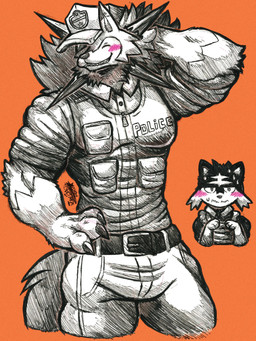 anthro black_hair black_markings blush bulge clothed clothing countershade_fur countershade_torso countershading dipstick_ears dog_tags duo ear_markings facial_markings fluffy fluffy_tail front_view fur hair head_markings maid_uniform male male_anthro markings multicolored_ears muscular muscular_anthro muscular_male neck_tuft pecs police police_officer police_uniform pose simple_background smile solo spiky_hair standing tail teeth thick_arms tight_clothing topwear tuft uniform jwbash nintendo pokemon tomodachi_life tomodachi_life:_living_the_dream canid canine dusk_lycanroc generation_7_pokemon litten lycanroc mammal mii pokemon_(species) 2026 absurd_res full-length_portrait hatching_(art) hi_res pinup portrait shaded watermark