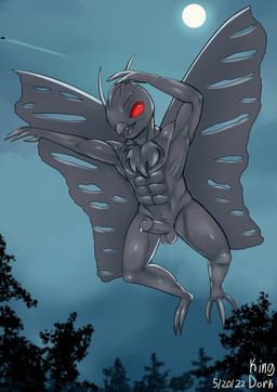 3_toes abs anthro athletic athletic_anthro athletic_male balls beak bodily_fluids chest_tuft claws cloud fangs feet fingers flying fur genital_fluids genitals grey_body grey_fur grey_tongue humanoid_genitalia humanoid_penis light male moon moonlight night nude open_beak open_mouth outside penis plant precum pubes red_eyes sky solo teeth text toe_claws toes tongue tree tuft ufo wings kingdorkster mothman arthropod cryptid humanoid insect lepidopteran monster moth 2022 absurd_res artist_name digital_media_(artwork) hi_res