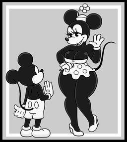 4_fingers anthro black_border border bottomwear breasts clothing dress duo female fingers flower footwear gloves handwear hat headgear headwear high_heels male pants plant shoes size_difference tail urusee584 disney mickey_mouse minnie_mouse mammal mouse murid murine rodent hi_res monochrome