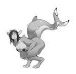 anthro areola black_areola black_hair black_nipples breasts crouching dark_nipples expansion eyewear eyewear_on_head female growth hair looking_back nipples nude shark_tail solo sunglasses sunglasses_on_head tail tail_growth transformation taus fish humanoid marine shark