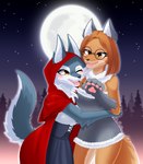 anthro blush brown_body brown_hair brown_tail clothed clothing duo eyewear female female/female fur glasses grey_body grey_fur grey_tail hair holidays hug orange_eyes tail yellow_eyes fluffy_hinu fairy_tales halloween illumination_entertainment little_red_riding_hood_(copyright) sing_(movie) porsha_crystal suki_lane canid canine canis domestic_dog mammal wolf hi_res