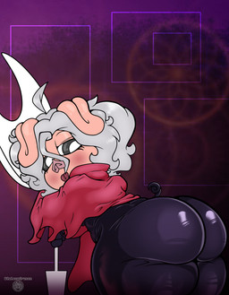 anthro big_butt butt butt_focus clothed clothing female hair latex latex_clothing short_hair short_tail shortstack simple_background slightly_chubby slightly_chubby_female solo tail thick_thighs linyxart hollow_knight_(franchise) team_cherry duty_(linyxart) hornet_(hollow_knight) domestic_pig mammal suid suine sus_(pig) digital_drawing_(artwork) digital_media_(artwork) hi_res