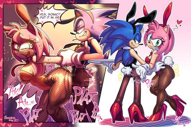anthro bent_over blue_body blue_fur blush blush_lines bodily_fluids bunny_costume butt_slap clothing costume duo fake_ears fake_rabbit_ears female footwear fur gloves handwear high_heels legwear leotard looking_back male male/female nervous nervous_smile pantyhose pink_body pink_fur red_clothing red_footwear red_high_heels sex shoes slap smile spanking speech_bubble sweat halfgalaxy sega sonic_the_hedgehog_(series) amy_rose sonic_the_hedgehog eulipotyphlan hedgehog mammal 3:2 hi_res