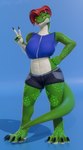 anthro big_feet bottomwear claws clothing fangs feet female gesture green_body green_scales hair hand_gesture hand_on_hip long_claws looking_at_viewer pupils red_eyes red_hair scales sharp_teeth shorts slit_pupils solo teeth tongue tongue_out v_sign rinny snekie reptile scalie snake 3d_(artwork) absurd_res digital_media_(artwork) hi_res trans_(lore) trans_woman_(lore)