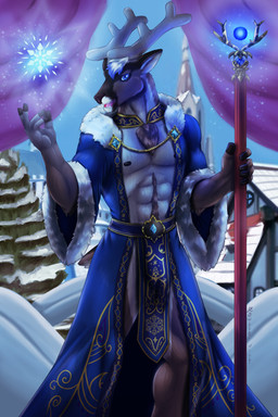 abs anthro antlers blue_eyes body_hair brown_body brown_fur chest_tuft clothed clothing collar detailed_background evergreen_tree fur gem hair happy_trail highlights_(coloring) hoof_hands hooves horn jewelry looking_at_viewer magic magic_user male muscular muscular_anthro muscular_male nipples outside pecs pine_tree plant pose pubes robe snow snowflake solo staff tail town tree tuft wand white_body white_fur white_hair howlfeiwolf deer mammal new_world_deer reindeer 2:3 absurd_res detailed digital_media_(artwork) hi_res pinup