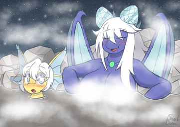 anthro bath big_breasts blue_body blue_skin breasts duo eyelashes eyes_closed fangs female fin hair head_fin horn jewelry membrane_(anatomy) membranous_wings necklace night nude outside rock star star_eyes teeth water wings snackbunnii mythology neirdra_(snackbunnii) dragon mythological_creature mythological_scalie scalie absurd_res hi_res