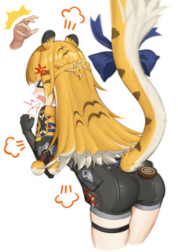 accessory ambiguous_gender angry animal_ears bare_legs bent_over black_bottomwear black_clothing black_shorts blonde_hair blush bodily_fluids bottomwear closed_hands clothing eyes_closed female furgonomics hair long_hair markings open_mouth raised_tail rear_view ribbons screaming shorts striped_hair striped_markings striped_tail stripes tail tail_accessory tail_markings tail_ribbon tears two_tone_tail white_hair yellow_clothing ahoyim59 mihoyo zenless_zone_zero ju_fufu animal_humanoid felid felid_humanoid humanoid mammal mammal_humanoid pantherine pantherine_humanoid thiren tiger_humanoid absurd_res hi_res