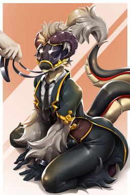 accessory anthro bdsm blindfold clothing collar cuff_(restraint) fur gold_(metal) hair handcuffs horn kneeling latex leash male mask metal_cuffs necktie reins restraints solo tail nastya_tan mythology tobias_galloway dragon furred_dragon furred_scalie mythological_creature mythological_scalie scalie 2:3 absurd_res hi_res