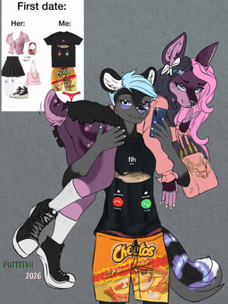 anthro clothing duo female hair looking_at_viewer male male/female selfie simple_background tail text topwear purrr-evil meme_clothing deer mammal 3:4 digital_media_(artwork) english_text meme