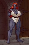 belt big_breasts breasts cleavage clothed clothing collarbone door eyebrows feet female green_eyes grey_body grey_skin hair hand_on_chest hand_on_hip huge_breasts humanoid_pointy_ears long_hair muscular not_furry orange_hair pointy_ears solo standing thick_thighs waist_belt blazbaros dungeons_and_dragons hasbro wizards_of_the_coast drow elf humanoid 2024 9:14 hi_res