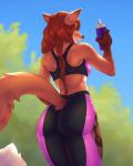 anthro athletic athletic_anthro athletic_female athletic_wear beverage bottomwear bra breasts butt butt_focus clothing ear_piercing female midriff pants piercing solo spandex sports_bra tight_clothing underwear yoga_pants monian felicity_(monian) canid canine fox mammal 2019 absurd_res hi_res